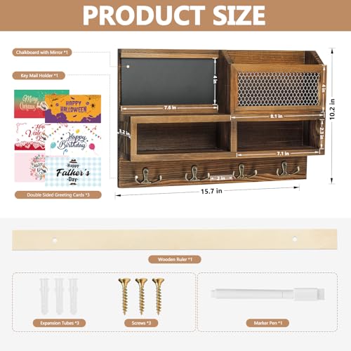 Key Holder Wall Mount, Wooden Mail and Key Organizer, Brown | Rustic Farmhouse Style, 4 Double Hooks, Includes 2 Storage Box, Small Shelf, Mail Slot, for Entryway, Doorway, Hallway, RV