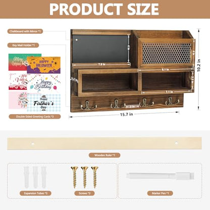 Key Holder Wall Mount, Wooden Mail and Key Organizer, Brown | Rustic Farmhouse Style, 4 Double Hooks, Includes 2 Storage Box, Small Shelf, Mail Slot, for Entryway, Doorway, Hallway, RV