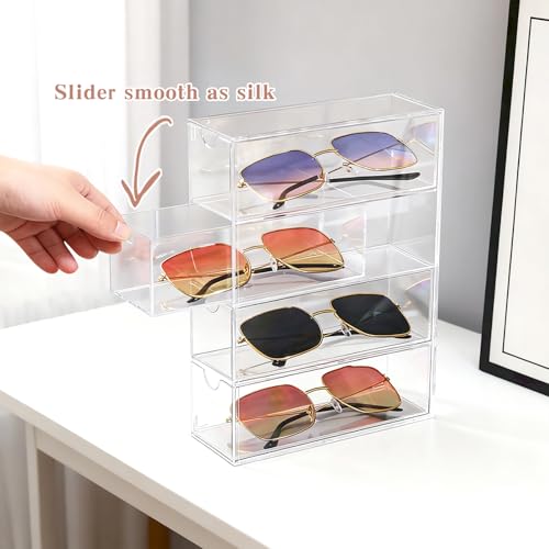 Acrylic Sunglasses Organizer with 4 Drawers | Clear Eyeglass Holder, Eyewear Display Case, Stackable Sunglass Storage Case For Women and Men Glasses Jewelry Watch Storage
