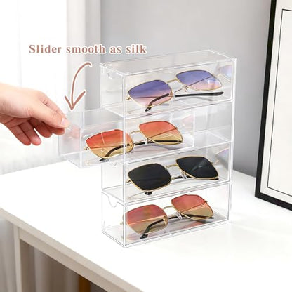 Acrylic Sunglasses Organizer with 4 Drawers | Clear Eyeglass Holder, Eyewear Display Case, Stackable Sunglass Storage Case For Women and Men Glasses Jewelry Watch Storage