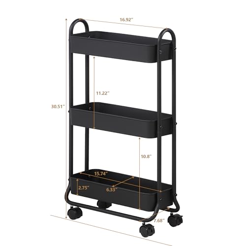 SunnyPoint Slim Rolling Storage Cart, 3 Tier Bathroom Storage Organizer Bathroom, Laundry Utility Cart (Black)