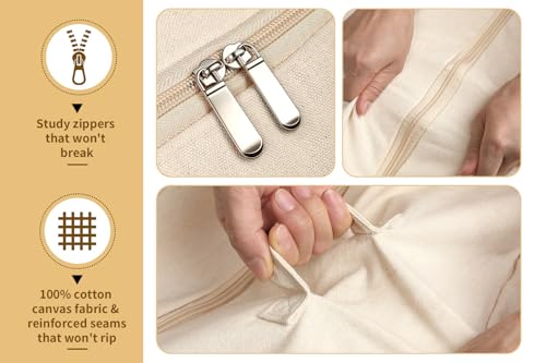 Soft Canvas Storage Bags for Comforters, Blankets, Beddings, Quilt, Clothes | King/Queen Comforter Organizer, Cotton Canvas, 4 Pack, 4 Handles & 2 Clear Windows, Reinforced Zippers, 25x19x9in