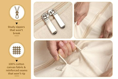 Soft Canvas Storage Bags for Comforters, Blankets, Beddings, Quilt, Clothes | King/Queen Comforter Organizer, Cotton Canvas, 4 Pack, 4 Handles & 2 Clear Windows, Reinforced Zippers, 25x19x9in