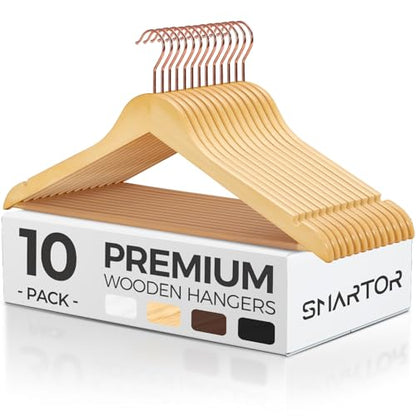 Wooden Hangers 10 Pack, Solid Wood Coat Hanger for Closet, Heavy Duty Wood Hangers for Suits, Shirts, Dresses, with 360° Rose Gold Hook, Non Slip Pant Bar, Natural