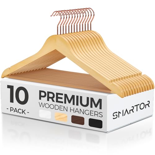 Wooden Hangers 10 Pack, Solid Wood Coat Hanger for Closet, Heavy Duty Wood Hangers for Suits, Shirts, Dresses, with 360° Rose Gold Hook, Non Slip Pant Bar, Natural