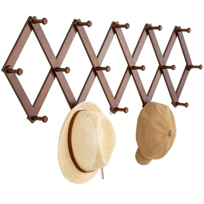Accordion Wall Hanger, Wooden Hat Rack with 16 Hooks | Expandable Peg Hat Organizer, Decorative Coat Rack, Hanging Baseball Caps, Bags, Scarves for Wall (Walnut)