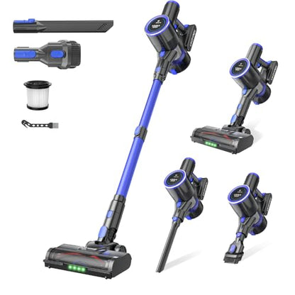 Cordless Vacuum Cleaner, 550W 50KPa 45Mins Vacuum Cleaners for Home, Self-Standing Stick Vacuum with Anti-Tangle Brush & LED Display for Hardwood Floors, Carpet, Pet Hair, Car