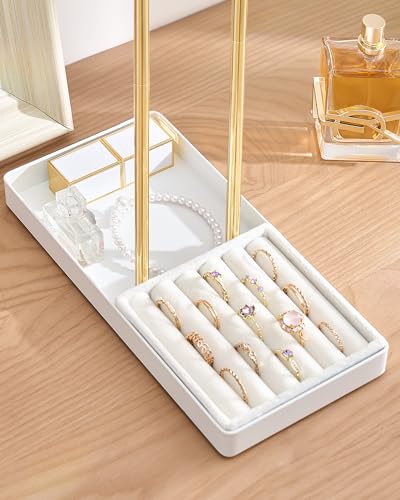 Lolalet 2-Tier Necklace Holder Display, Jewelry Stand with Ring Tray -White | Velvet Wrapped Jewelry Organizer, Tall Bracelet Stand for Bangles Watches Earrings, Gifts for Mom Girls Women Mother's Day