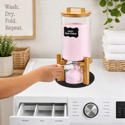 Laundry Detergent Dispenser,Glass Laundry Powder Dispenser with Bamboo Base，Suitable for Scent Beads and Powdered Laundry Detergents in the Laundry Room，Capacity: 4L/8lb/128oz