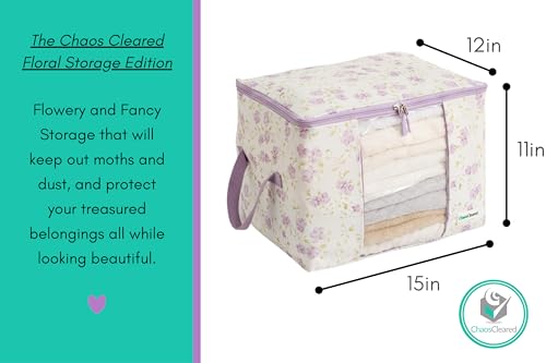 Canvas Storage Bags Designer Organizer 2 Pack – Seasonal Storage for Sweaters, Blankets, Linens & Garments – Foldable Design with Zip & Window (Purple Floral Print)