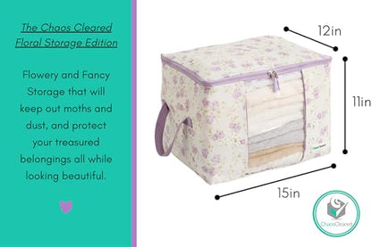 Canvas Storage Bags Designer Organizer 2 Pack – Seasonal Storage for Sweaters, Blankets, Linens & Garments – Foldable Design with Zip & Window (Purple Floral Print)