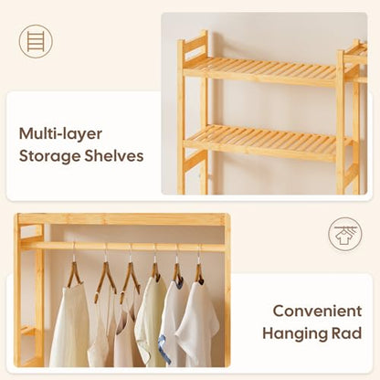 Cozivolife Over The Washer Dryer Storage Shelf: Bamboo 5 Tiers (Natural) | Laundry Room Drying Rack with Adjustable Shelves and 4 Hooks - Space Saver Organizer for Hanging Clothes and Towels