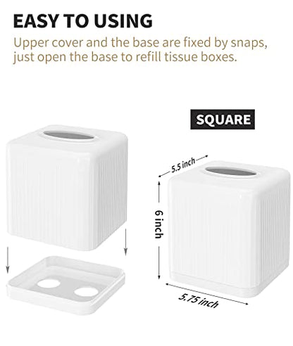 Tissue Box Cover with Base, Square Plastic Tissue Box Holder Decorative Tissue Cover Modern Cube Facial Tissue Dispenser for Bathroom Vanity Countertop, Living Room, Bedroom, Office - White