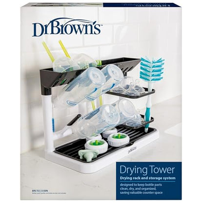 Dr. Brown's Drying Tower, Stand-Up Drying Rack, Countertop Baby Bottle Drying with Organized Storage for Baby Essentials, Space Saving Vertical Rack, Black/White