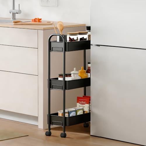 Slim Rolling Cart, Metal Frame Utility Rolling 3-Tier Narrow Storage Cart | Kitchen Storage Organizer, Mobile Shelving Unit for Bathroom Kitchen