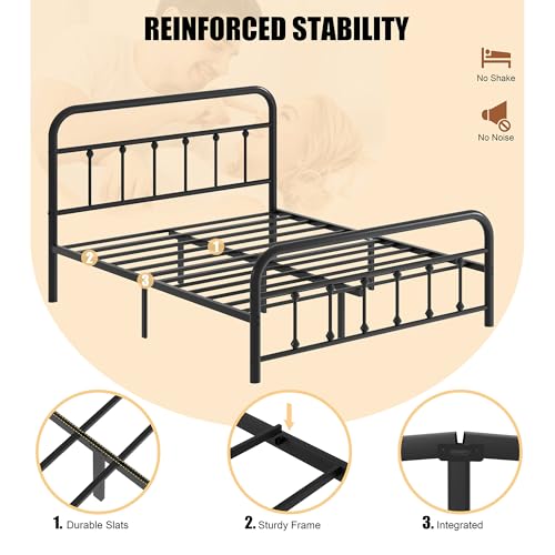 Shintenchi Queen Size Metal Platform Bed Frame with Headboard & Footboard, Steel Slat Mattress Foundation, Under Bed Storage, Noise-Free, No Box Spring Needed, Black Round