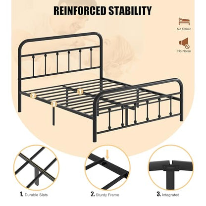 Shintenchi Queen Size Metal Platform Bed Frame with Headboard & Footboard, Steel Slat Mattress Foundation, Under Bed Storage, Noise-Free, No Box Spring Needed, Black Round