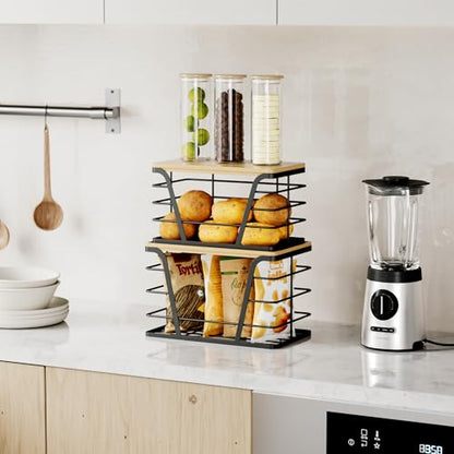 2 Pack Stackable Storage Laundry Kitchen Organizers, Wall Mount Trash Bag Holder with Bamboo Top and Garbage Bag Dispenser No Drill