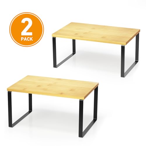 Cabinet Shelf Organizers 2 Pack, Kitchen Counter R... (Black + Natural | Bamboo)