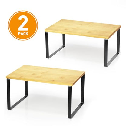 Cabinet Shelf Organizers 2 Pack, Kitchen Counter R... (Black + Natural | Bamboo)