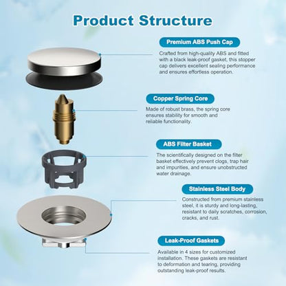 Hibbent 3 in 1 Metal Bathtub Drain Stopper, Universal Pop Up Tub Stopper, Bathtub Drain Hair Catcher, Removable Filter Basket, Drain Plug for 1.5''~2.4'' Drain, Brass Bullet Core, Brushed Nickel