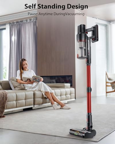 Cordless Vacuum Cleaner, 75Mins/55KPa/650W, Rechargeable | Anti-Static&Anti-Tangle Brush, Extra Replacement Washable HEPA Filter, for Hard Floor, Carpet, Pet Hair, Freestanding