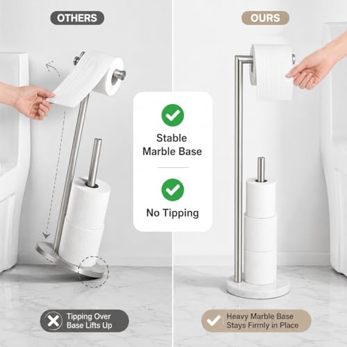 Marble Toilet Paper Holder Stand - Brushed Nickel, Freestanding with Storage, Floor Stand, Silver Toilet Roll Holder, Standing Paper Towel Holder