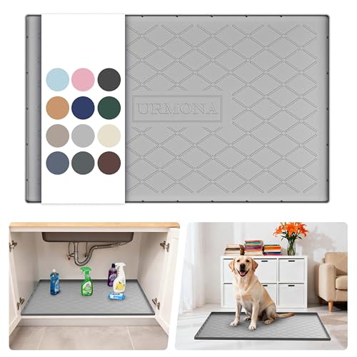 URMONA Under Sink Mat for Kitchen Waterproof, 34" x 22" Silicone Under Sink Mat for Shelf Liner Organizer, Cabinet Sink Protector Under Sink Liner for Bottom Kitchen, Bathroom(Light Grey)