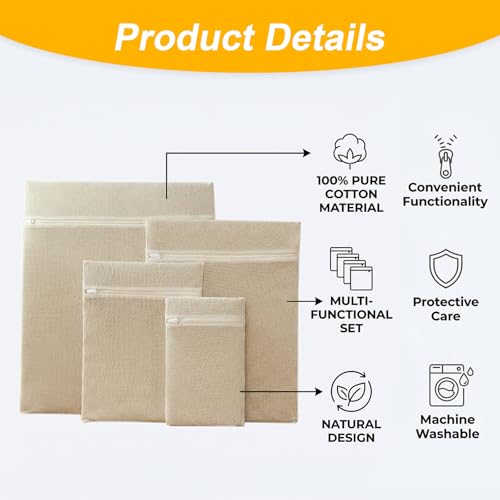 4-Piece 100% Cotton Mesh Laundry Bags, Premium Soft No-Dye Natural Delicate Bags with Sturdy Zippers, Breathable for Underwear, Socks, Clothes & Pants
