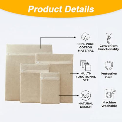 4-Piece 100% Cotton Mesh Laundry Bags, Premium Soft No-Dye Natural Delicate Bags with Sturdy Zippers, Breathable for Underwear, Socks, Clothes & Pants