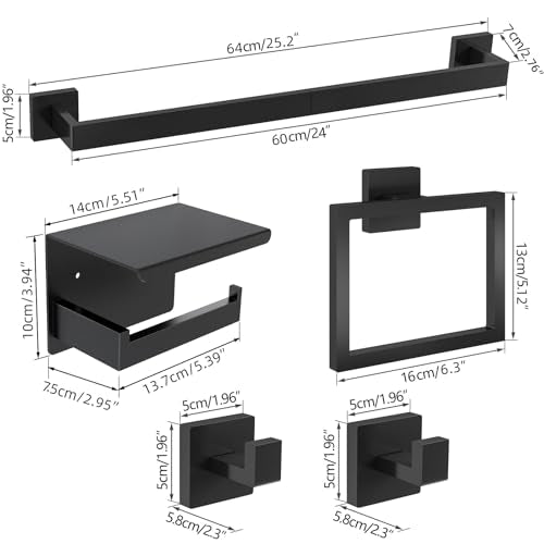 5-Pieces Matte Black Bathroom Hardware Accessories Set, 24 Inch Stainless Steel Towel Racks for Bathroom, Towel Bar Set Towel Ring Coat Hook and Toilet Paper Holder with Shelf Wall Mounted