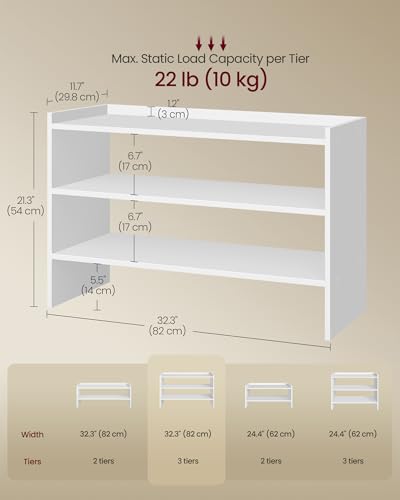 VASAGLE Shoe Rack for Closet, Stackable Organizer Shelf | Stackable Shoe Organizer Shelf for Entryway, 3 Tiers, 11.7 x 32.3 x 21.3 Inches, White, CUSTOS Collection, ULBS061WZ01S