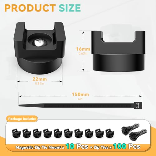 110 Pcs Magnetic Zip Tie Mount Base 26lbs Strong Magnetic Zip Tie Holder Multipurpose Magnet Cable Tie Clips Holder Wire Management Clips for Home Office Marine Electrical Wiring Organization Black