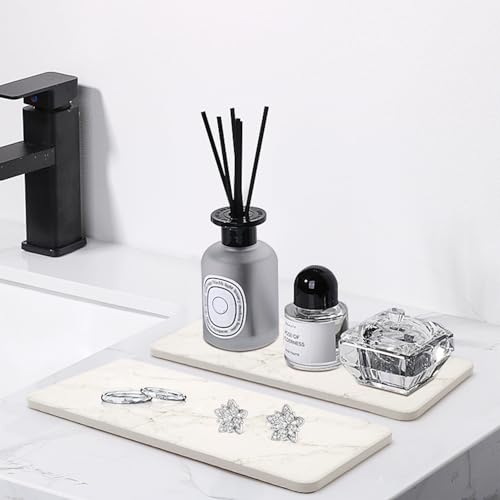 2 Water Absorbing Stone Drying Trays for Bathroom Sink Kitchen Soap Counter | Soap Dish Dispenser Sponge Holder White Ceramic Bathroom Vanity Quick Dry Stone Mat for Kitchen Sink Marble Diatomite Tray