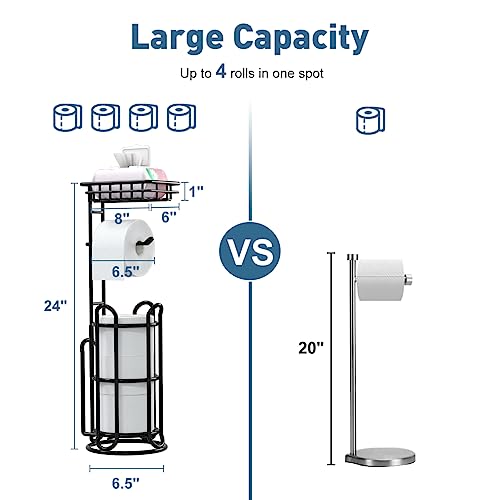 [Upgrade] Toilet Paper Holder Stand with Shelf Tissue Holders for Bathroom Free Standing Bath Tissue Roll Holder Magazine Rack for Mega Rolls/Phone/Wipe-Black
