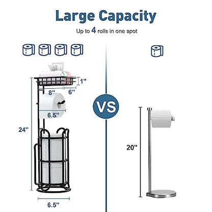 [Upgrade] Toilet Paper Holder Stand with Shelf Tissue Holders for Bathroom Free Standing Bath Tissue Roll Holder Magazine Rack for Mega Rolls/Phone/Wipe-Black