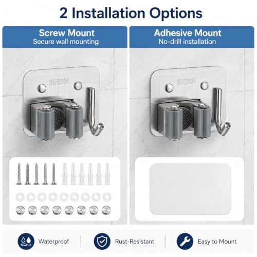 Broom Holder Wall Mount 4 Pack, Heavy Duty Mop and Broom Hanger with Hooks | Innovihue 304 Stainless Steel Broom Hanger, Self Adhesive or Screw Mount Organizer for Kitchen Laundry Garage