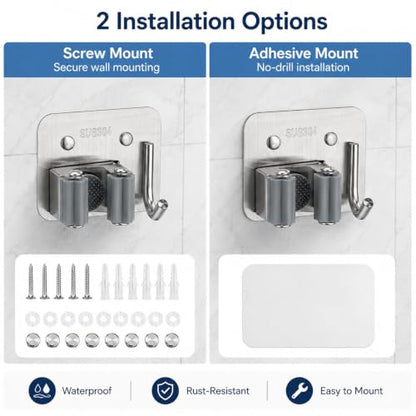 Broom Holder Wall Mount 4 Pack, Heavy Duty Mop and Broom Hanger with Hooks | Innovihue 304 Stainless Steel Broom Hanger, Self Adhesive or Screw Mount Organizer for Kitchen Laundry Garage