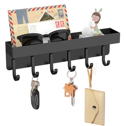 Magnetic Key Holder, Wall Mount Key Rack with Shelf, 9.65 in, Black | Metal Material, Small Size, 6 Metal Hooks, 2 Installation Ways, for Fridge, Entryway, Kitchen, Bathroom, Garage, RV, Office