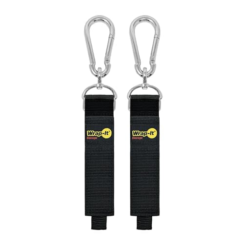 Hook 'n Hang Wrap-It Storage Straps - 18" (2-Pack) Black | Carabiner Straps to use as an Extension Cord Holder with Hooks