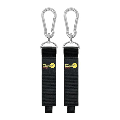 Hook 'n Hang Wrap-It Storage Straps - 18" (2-Pack) Black | Carabiner Straps to use as an Extension Cord Holder with Hooks