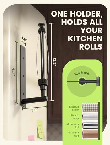 Magnetic Paper Towel Holder for Fridge, Kitchen, RV, Garage, Grill | Strong Magnet Paper Towel Holder with Self Adhesive Wall Mount and Screws, One Hand Tear with Adjustable Damping, Black