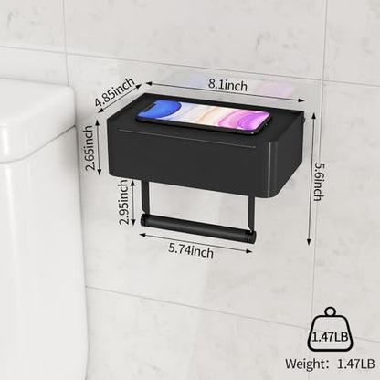 Toilet Paper Holder, Toilet Paper Holder with Shelf, Matte Black | Wall Mount, SUS304 Stainless Steel, Flushable Wipes Dispenser, Easy Installation, for Bathroom Wipe Storage