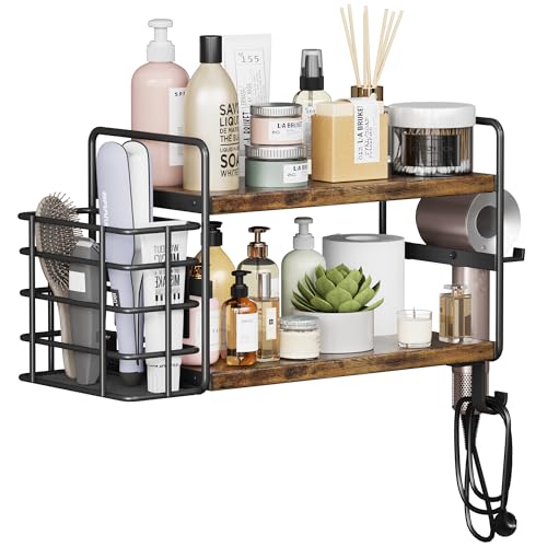 3-in-1 Wall Mounted Hair Dryer Holder with 2 Tier Shelves & Detachable Basket, Space Saving Organizer for Bathroom, Kitchen, Bedroom, Rust-Resistant, Easy Install (Rustic Brown)