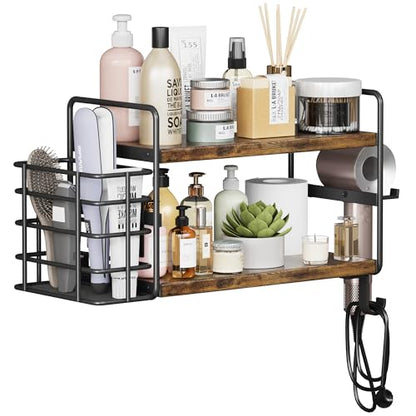 3-in-1 Wall Mounted Hair Dryer Holder with 2 Tier Shelves & Detachable Basket, Space Saving Organizer for Bathroom, Kitchen, Bedroom, Rust-Resistant, Easy Install (Rustic Brown)