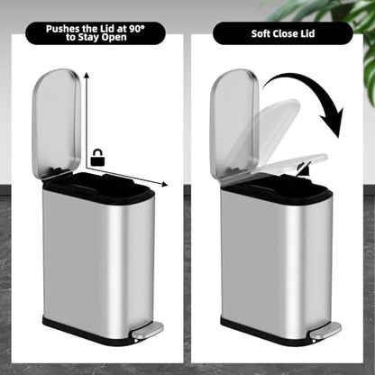 KSSKSS 2.6 Gallon Slim Bathroom Trash Can with Soft Close Lid, 10L Stainless Steel Garbage Can with Removable Liner Bucket, for Narrow Spaces,Bathroom, Bedroom (Silver)