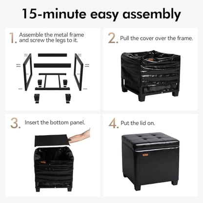 ABHENG Synthetic Leather Cover Steel Frame Ottoman with 48L Storage,17.7" x 17.7" x 17.7" Square Storage Ottoman Stool Cube with Legs,for Dorm Livingroom Black UASND63B