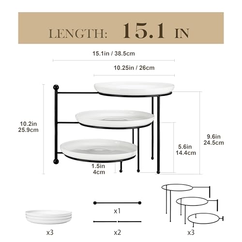 MALACASA White 3 Tier Serving Tray Stand with Black Rack, 10 Inch Porcelain Tiered Dessert Stand for Cupcakes, Cakes, Fruit & Appetizers, Ceramic Serving Platter for Party, Wedding & Tea Party