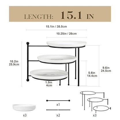MALACASA White 3 Tier Serving Tray Stand with Black Rack, 10 Inch Porcelain Tiered Dessert Stand for Cupcakes, Cakes, Fruit & Appetizers, Ceramic Serving Platter for Party, Wedding & Tea Party