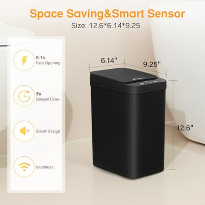 Black Bathroom Trash Can 2.6 Gallon Motion Sensor Trash Cans Automatic Touchless Garbage Bin Small Smart Trash Can for Bathroom,Kitchen, Toilet, Bedroom, RV